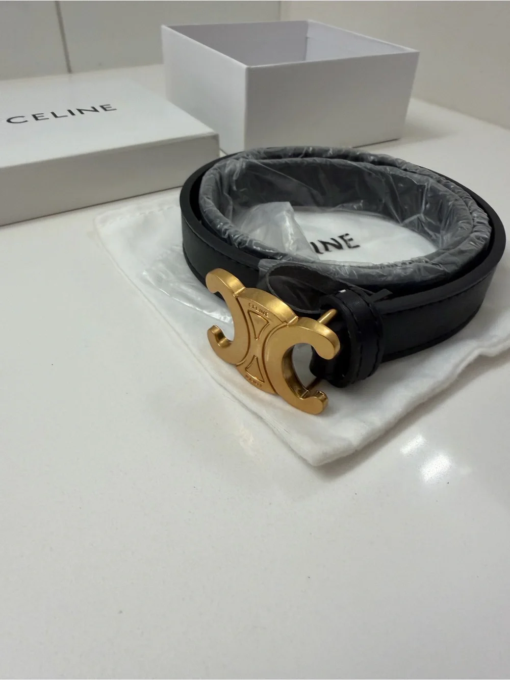Celine Black Leather Belt with Gold Triomphe Buckle